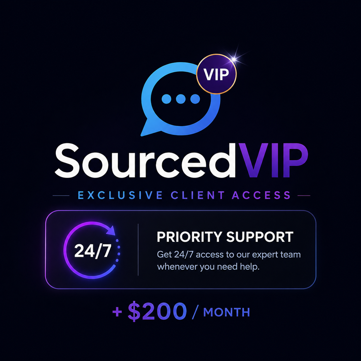 SourcedVIP — Exclusive Client Access · 24/7 Priority Support · +$200/month